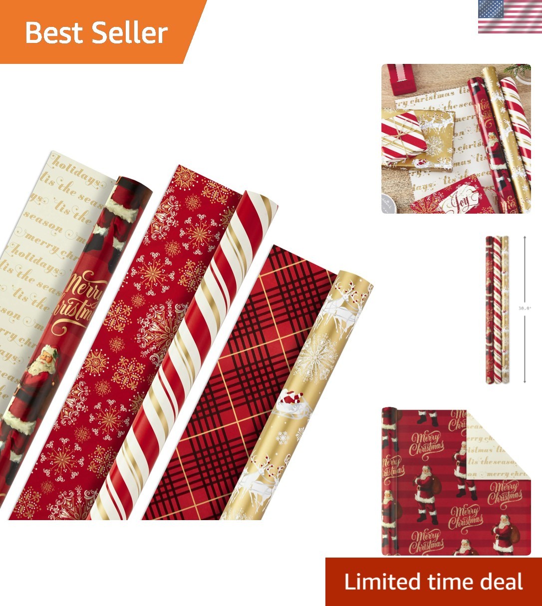 Traditional Holiday Wrapping Paper Set - 3 Rolls, 120 sq. ft. Red & Gold Designs gallery