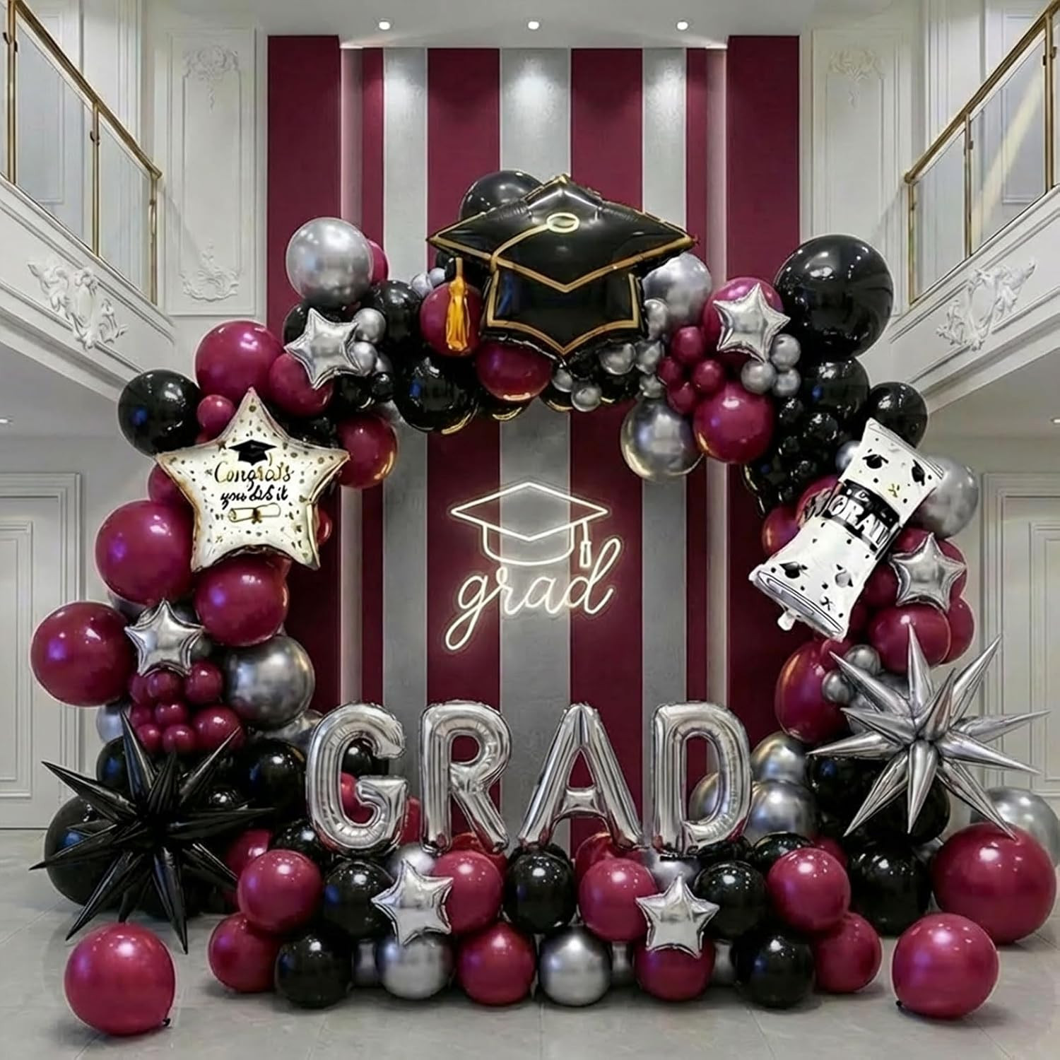Maroon Black Silver Graduation Balloon Garland Arch Kit with Graduation Star Pri gallery