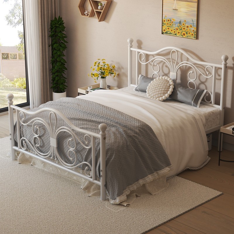 Queen/Twin/Full Metal Platform Bed Frame with White Headboard & Footboard gallery
