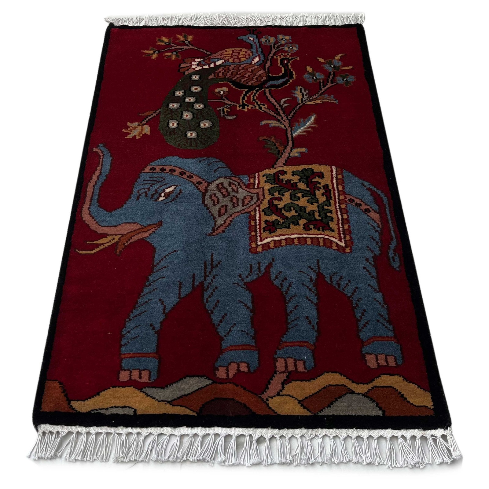 2x3 ft Hand Knotted Woolen Rug Pictorial Elephant Peacock (Red) gallery