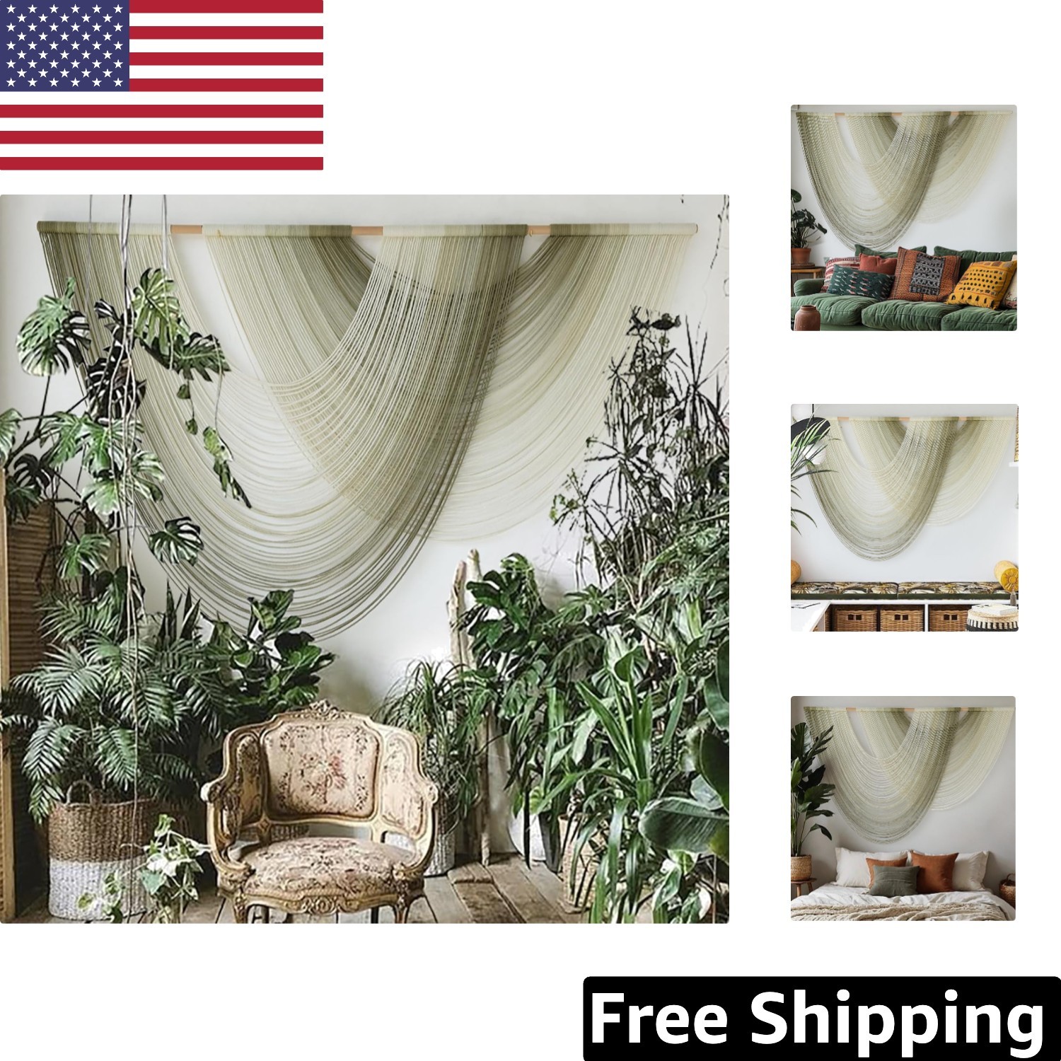 Stunning Handmade Macrame Wall Hanging - Moss Green Dip Dyed Ombre 57" W x 39" L gallery