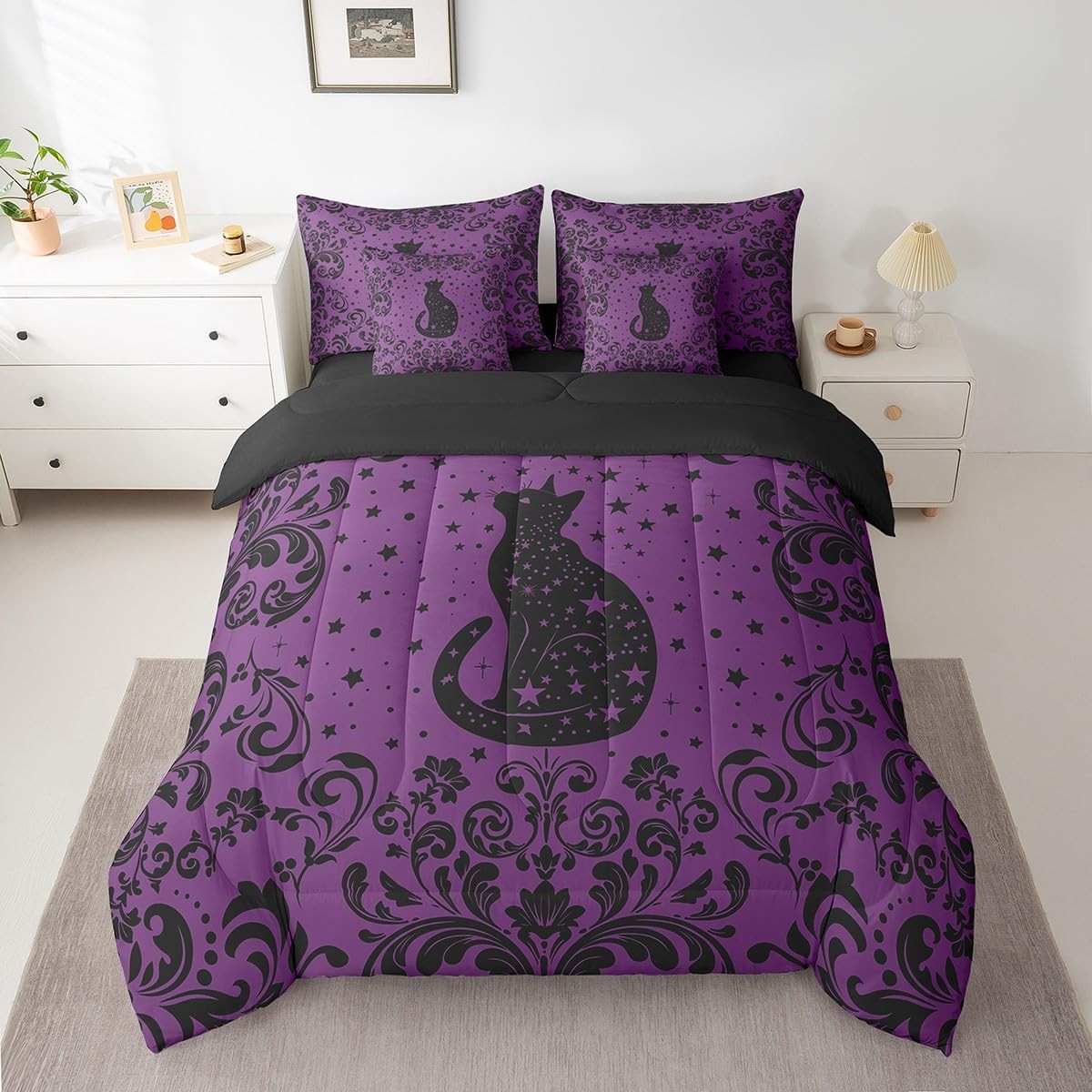 Boho Black Cat Queen Bedding Set 7 Piece Purple Black Halloween Gothic Comfor... gallery