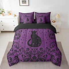 Boho Black Cat Queen Bedding Set 7 Piece Purple Black Halloween Gothic Comfor…