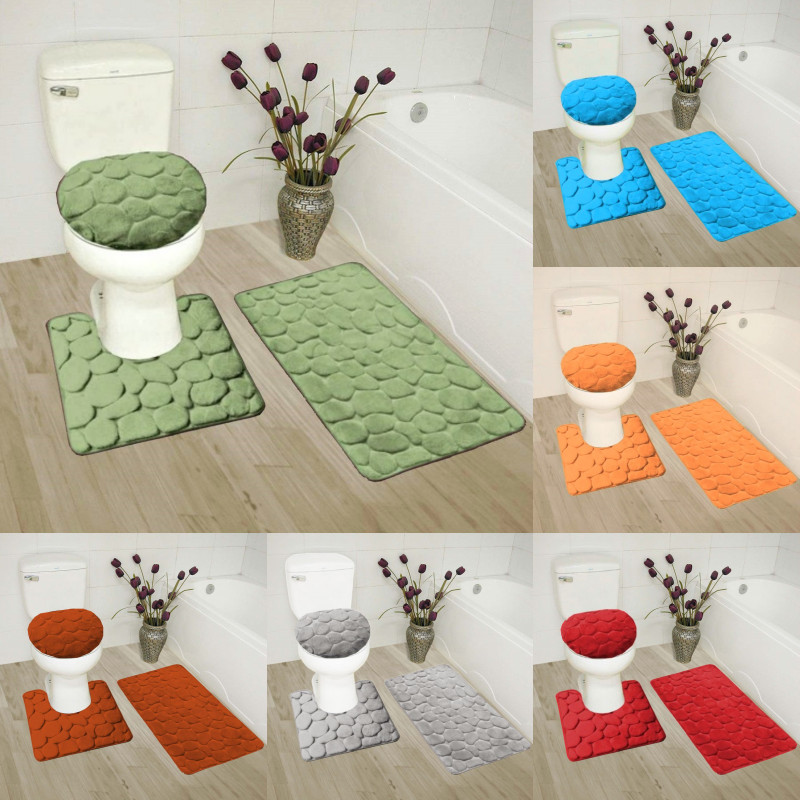 3Piece Set Velvet Memory Foam Bathroom Countour Mat Bath Rug Lid cover ROCK gallery