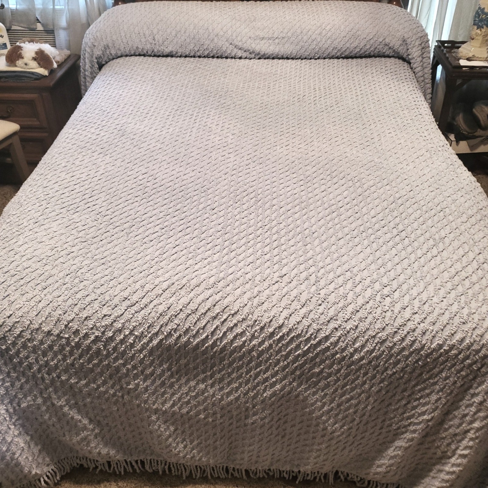 VTG Mohawk Bedspread Queen Blue Diamond Chenille Cotton Tufted Fringe Trim gallery