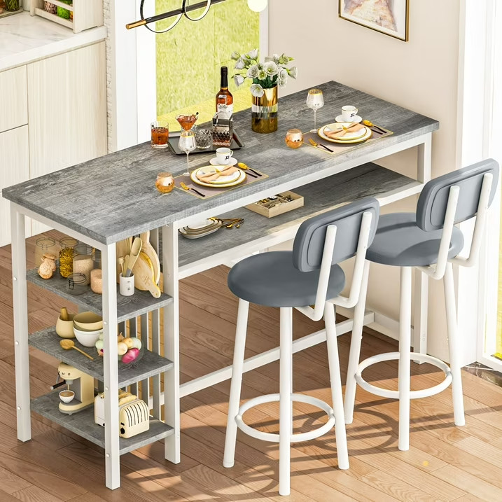 3pc Gray Pub Table Set, Counter Height Dining Table w/ 2 Upholstered Chairs gallery