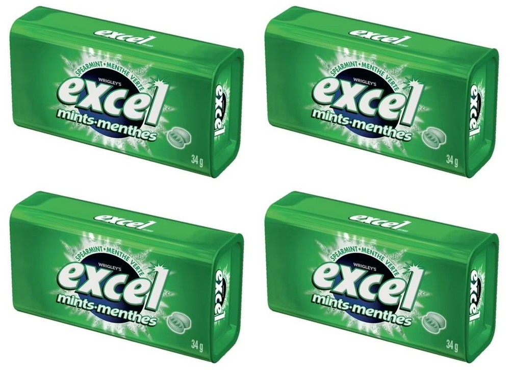 EXCEL, Spearmint Flavored Mints, 1 Tin, 34g (4 Pack)