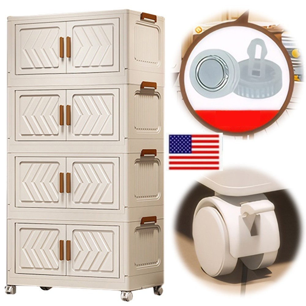4 Tier Stackable Storage Bins with Lids Doors Wheels Storage Drawer