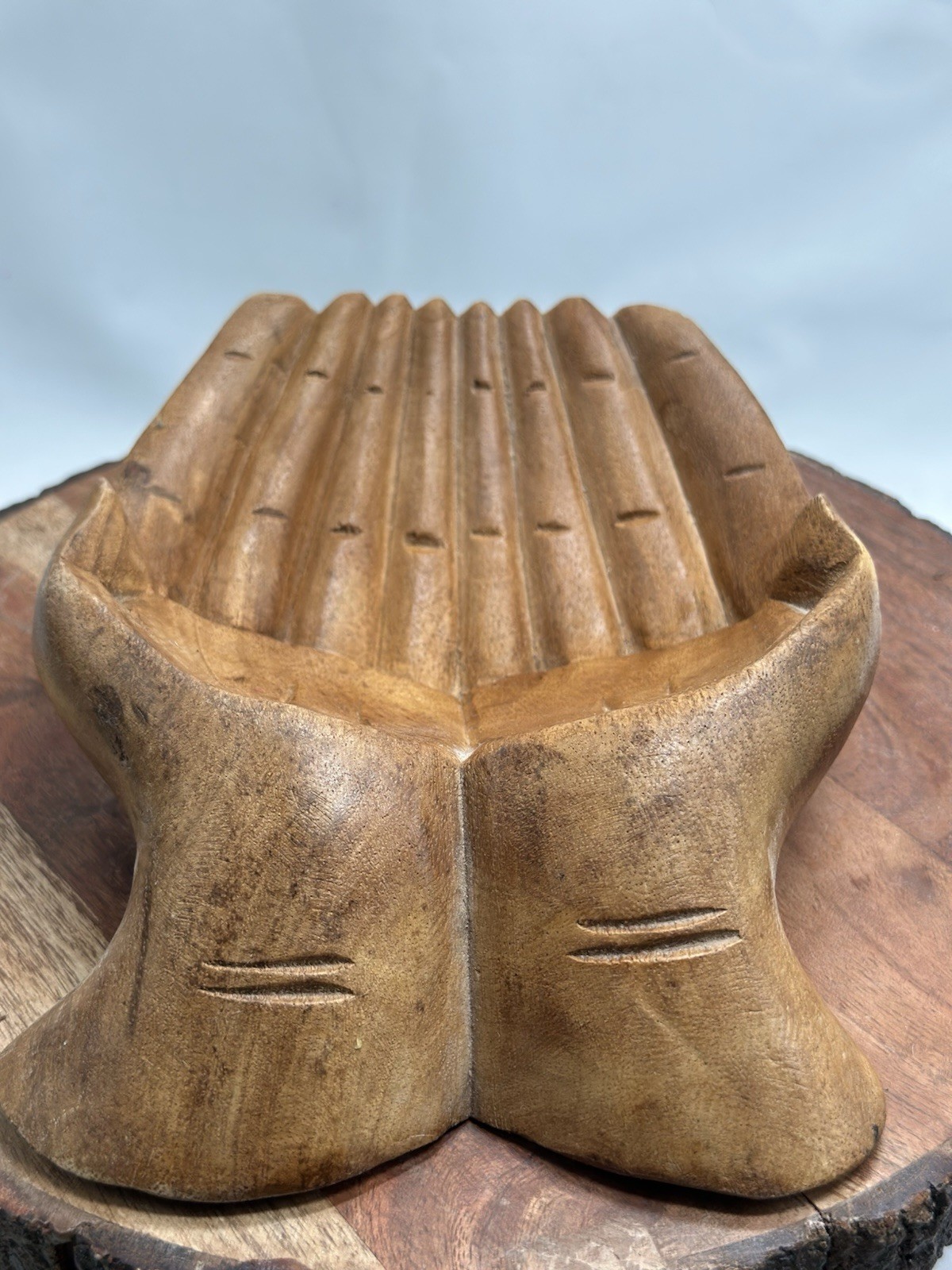 Hand Carved Handmade Wooden Cupped Offering Healing Hands Display Bowl gallery