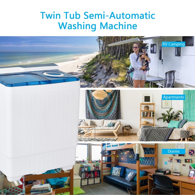 Portable Semi-automatic Washing Machine 26 lbs Twin Tub Laundry Washer Blue gallery