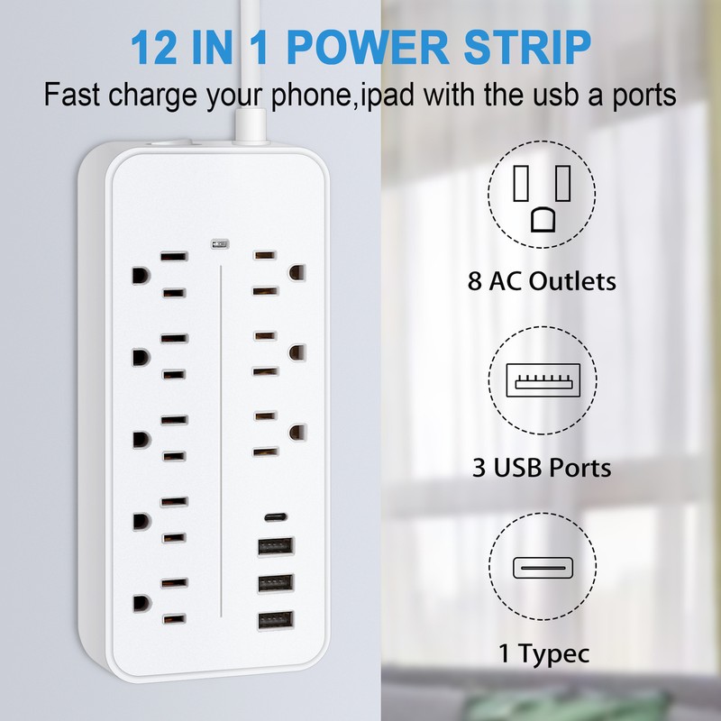 Multi Outlet Wall Mountable USB Surge Protector Power Strip 8 Outlet Plugs 12in1 gallery