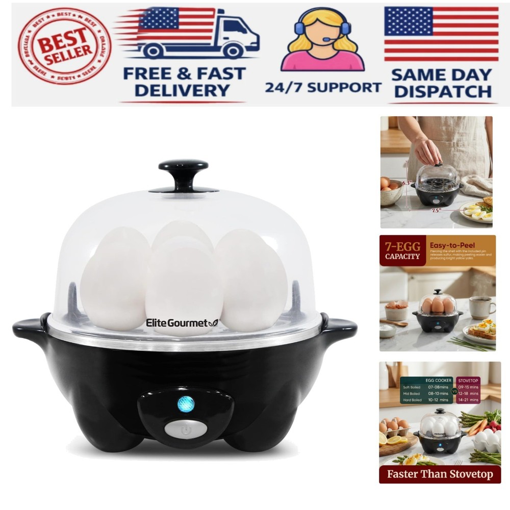Compact Electric Egg Cooker - Boil 7 Eggs, Easy-Peel, Auto Shut-Off with Recipes