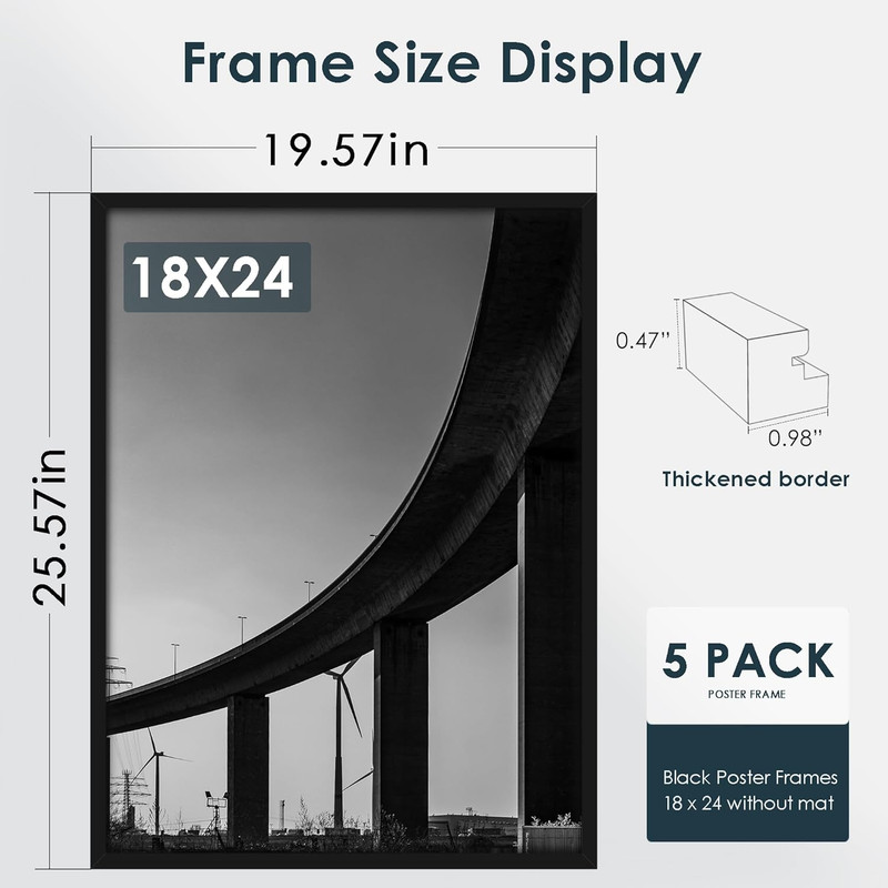 18X24 Frame 5 Pack, Black Poster Frames 18 X 24 for Horizontal or Vertical Wall gallery