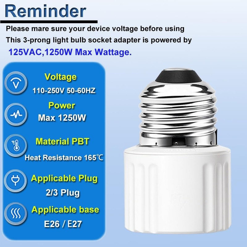 Light Socket Plug Adapter 3 Pack, E26 3 Prong Bulb to Outlet Converter for Garag gallery
