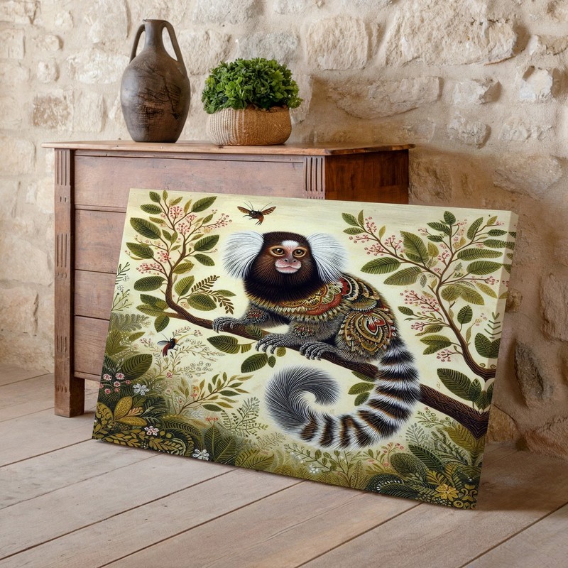Whimsical Small Monkey on Branch with Detailed Foliage Canvas Wall Art Print gallery