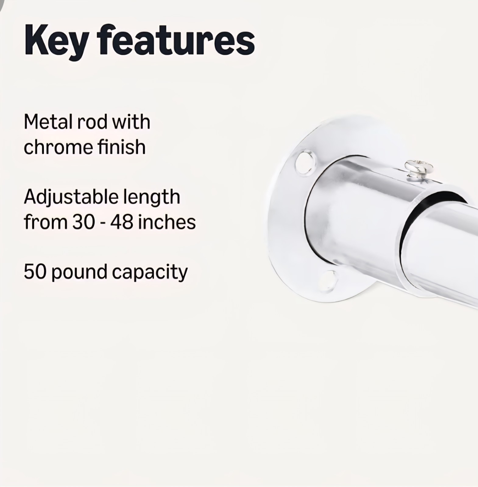 Closet Rod For Hanging Clothes, Chrome, Adjustable 30” to 48”, 50 Lb. Capacity gallery