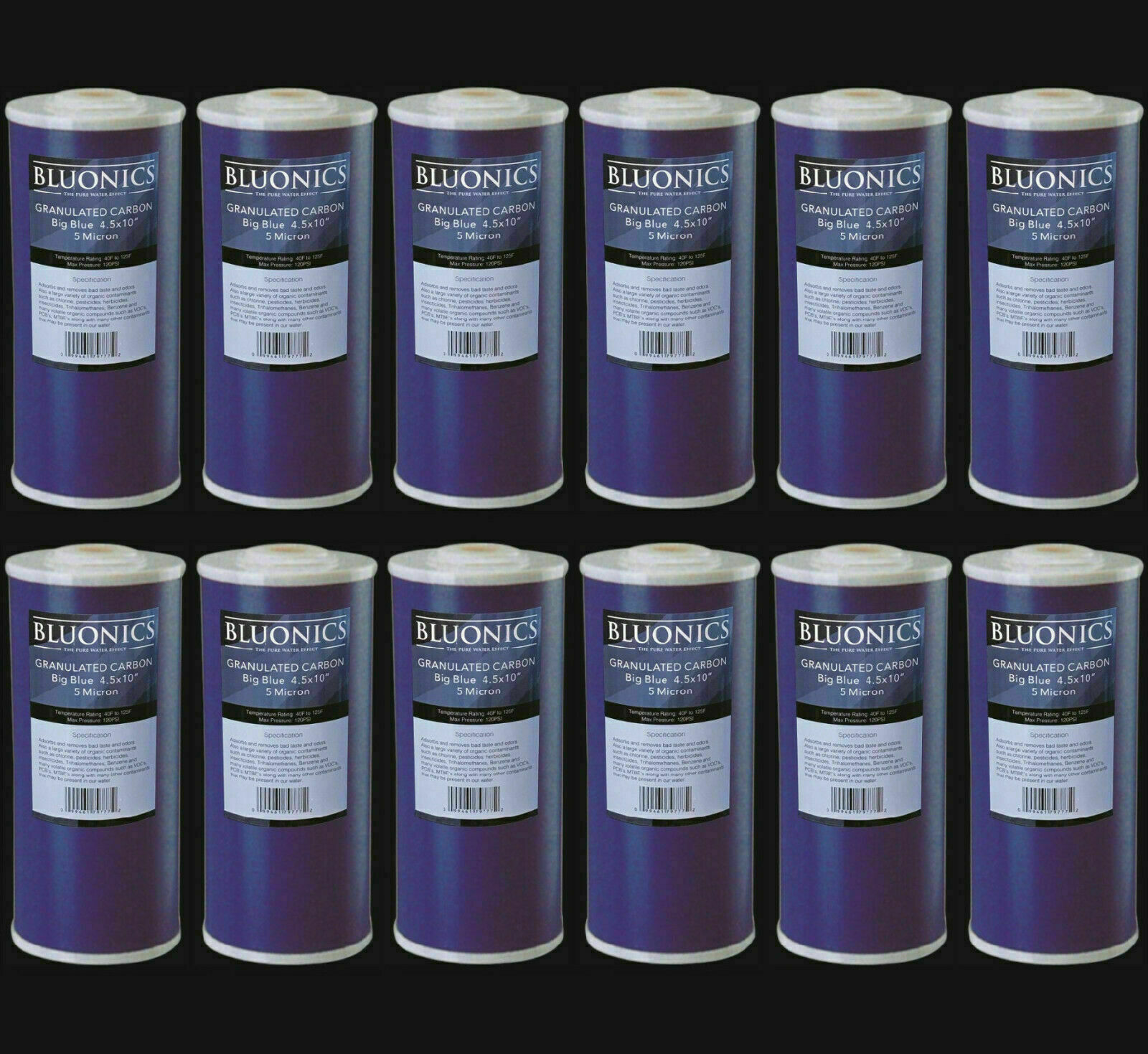 Bluonics 4.5 x10" GAC Carbon Replacement Water Filters 12 Whole House Cartridges gallery