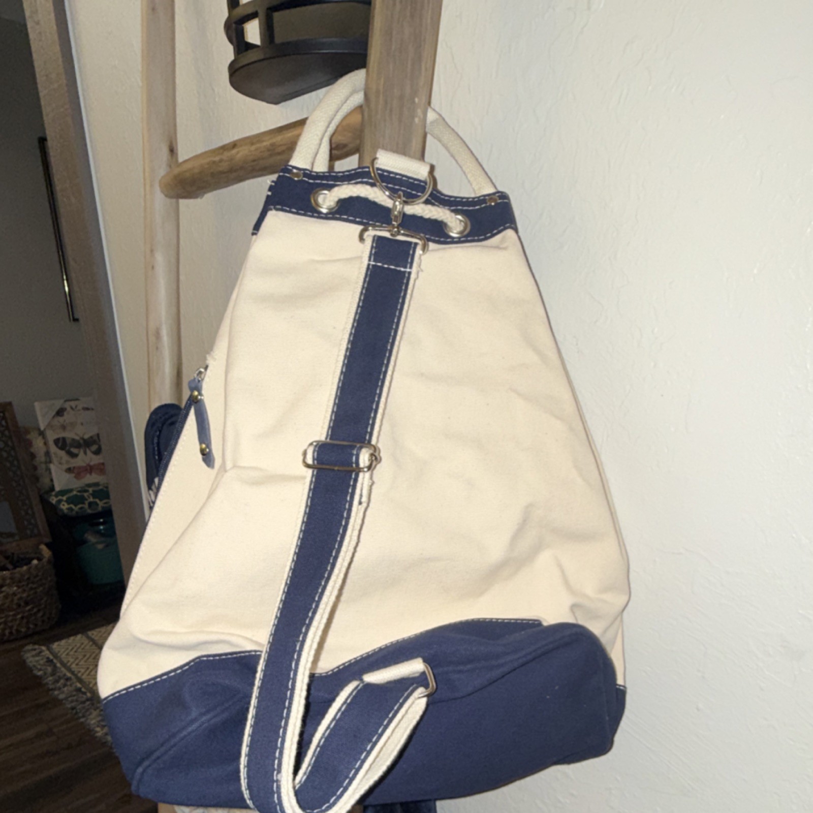Beige/Blue Canvas Drawstring Hiking Bag Adjustable Strap Zipper for easy access 4