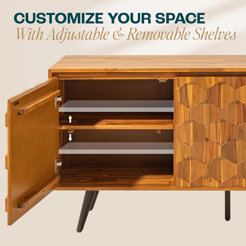 Mid Century Modern Solid Wood Sideboard with 2 Doors & 3 Drawers, Teak Brown gallery