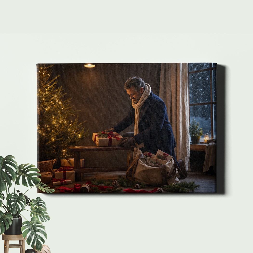Holiday gift courier cozy interior Poster Print cinematic winter delivery gallery