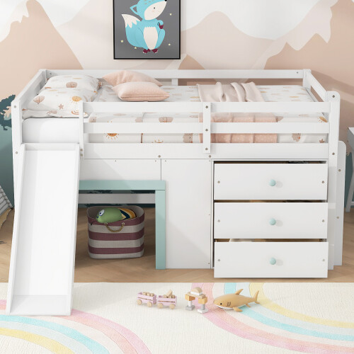 White Low Loft Bed with Built-in Slide & Storage Cabinet Full Size Loft Bunk Bed gallery