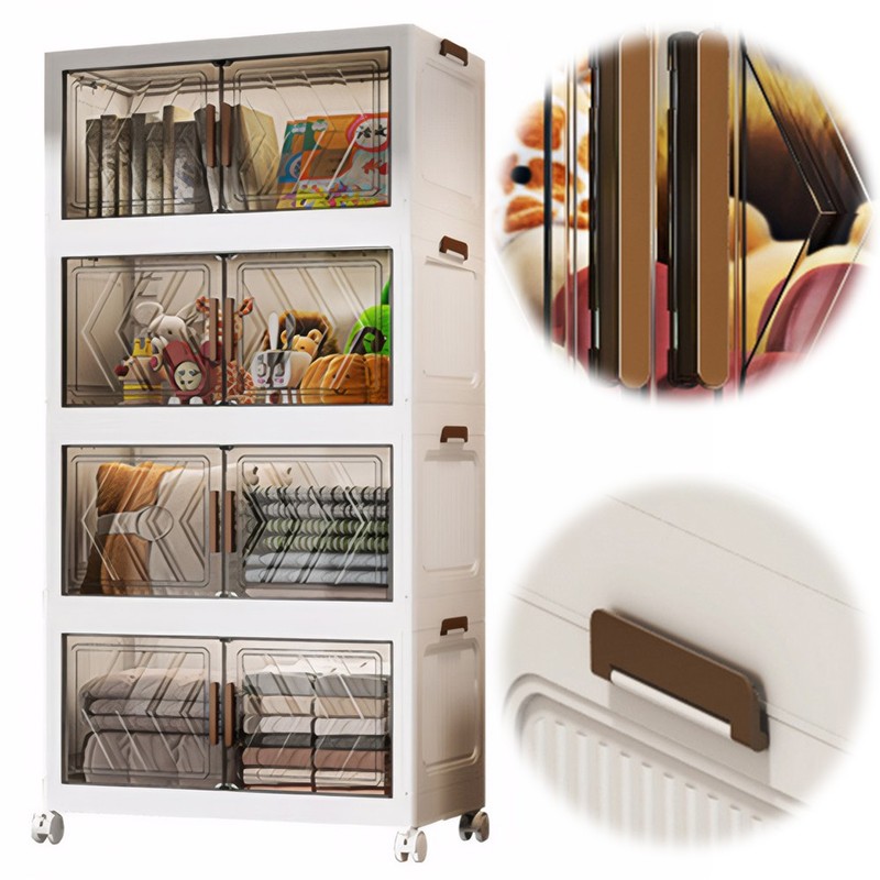 4 Tier Folding Storage Cabinet Stackable Boxes with Magnetic Doors & Wheels US gallery