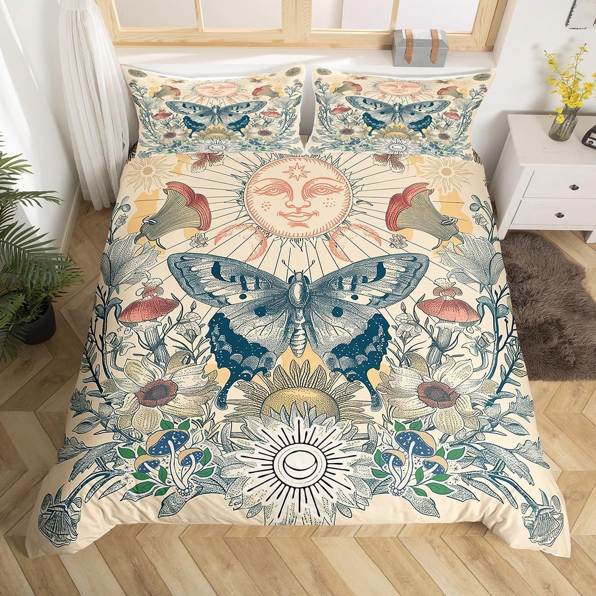 Hippie Butterfly Bedding Sets King Sun and Moon Comforter Cover, Groovy Floral gallery