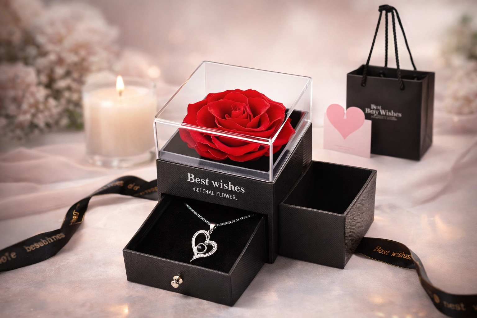 Preserved Eternal Rose Flower Gift Box With Necklace – Romantic Gift for Her gallery
