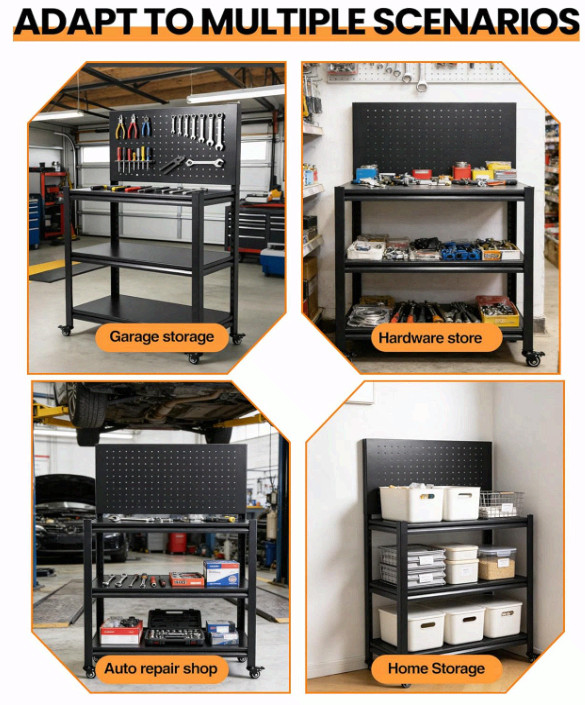 52" Rolling Work Table, Adjustable Height Workbench w/ Pegboard gallery