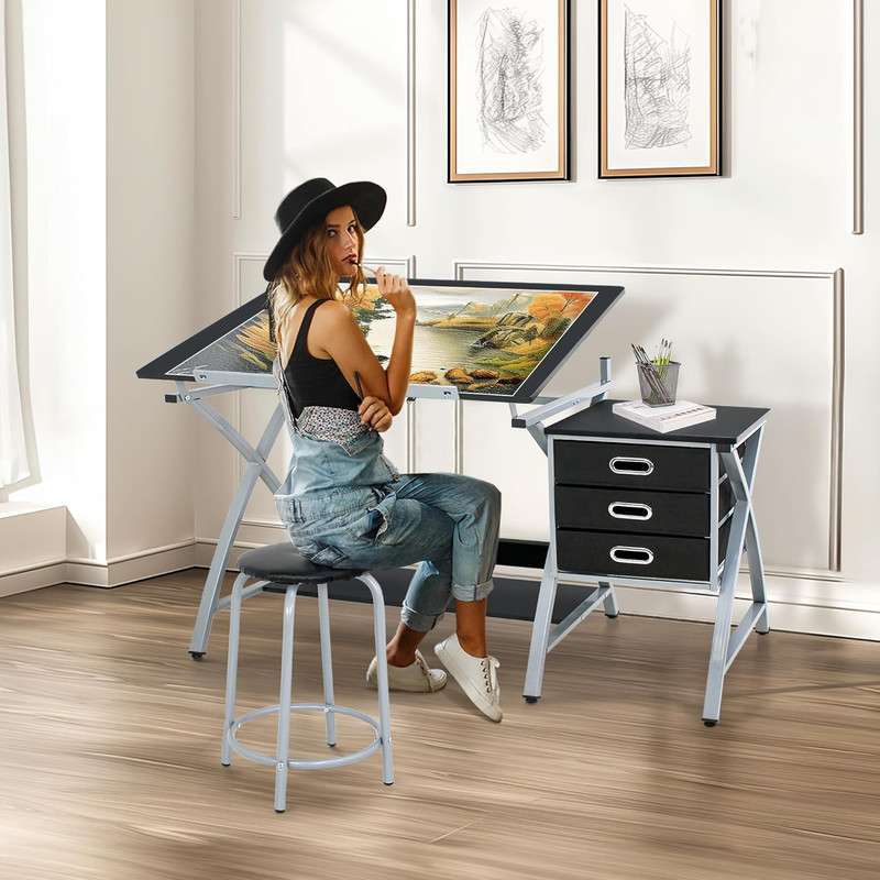 ZENY Drafting Table and Stool, Tilted Draft Table Desk W/Drawers, Artist Drawing gallery
