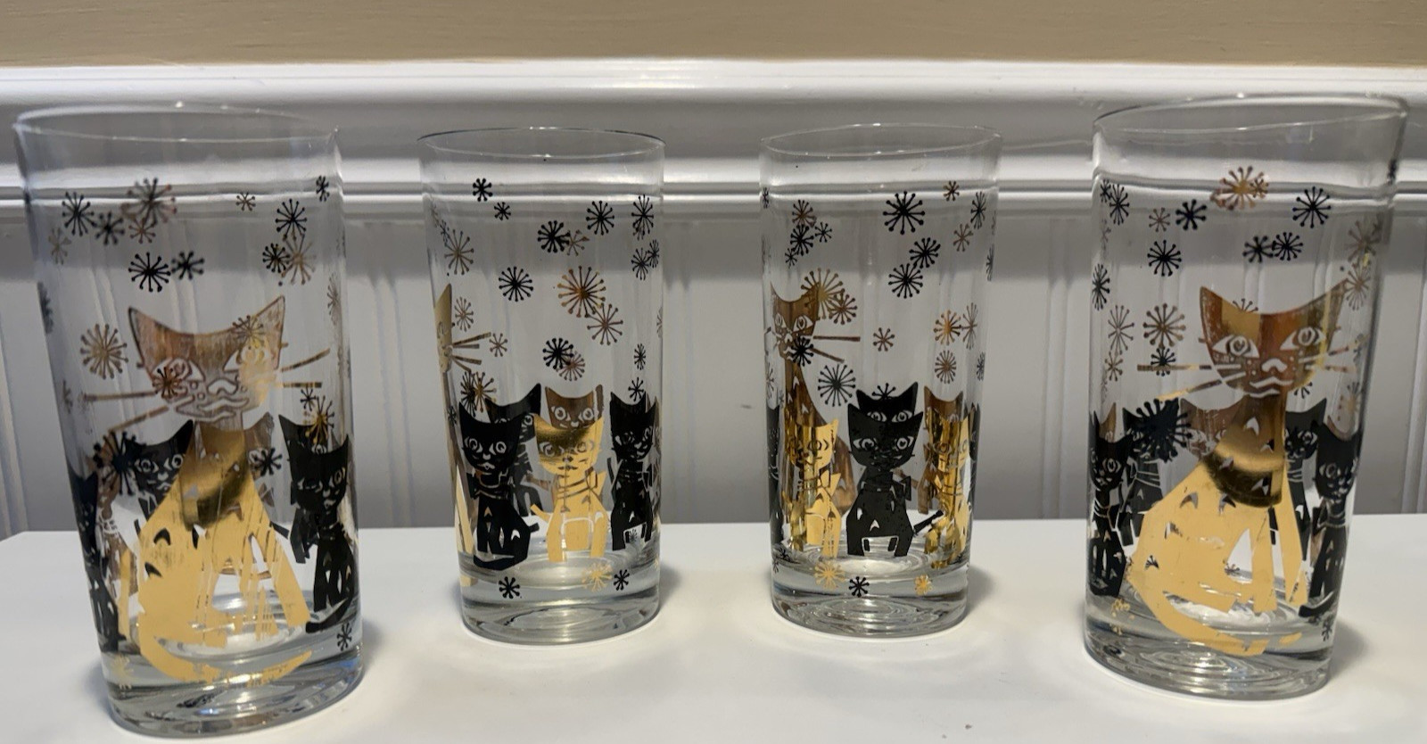 *4* MCM ATOMIC GOLD LEAF & BLACK STYLIZED CATS*KITTENS*STARS HIGHBALL GLASSES gallery