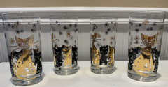 *4* MCM ATOMIC GOLD LEAF & BLACK STYLIZED CATS*KITTENS*STARS HIGHBALL GLASSES