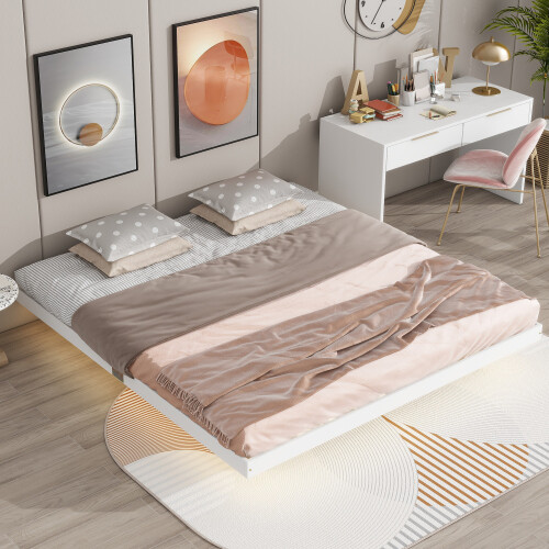 Full Queen King Floating Bed Frames with LED Lights No Headboard Kids Bed Frames
