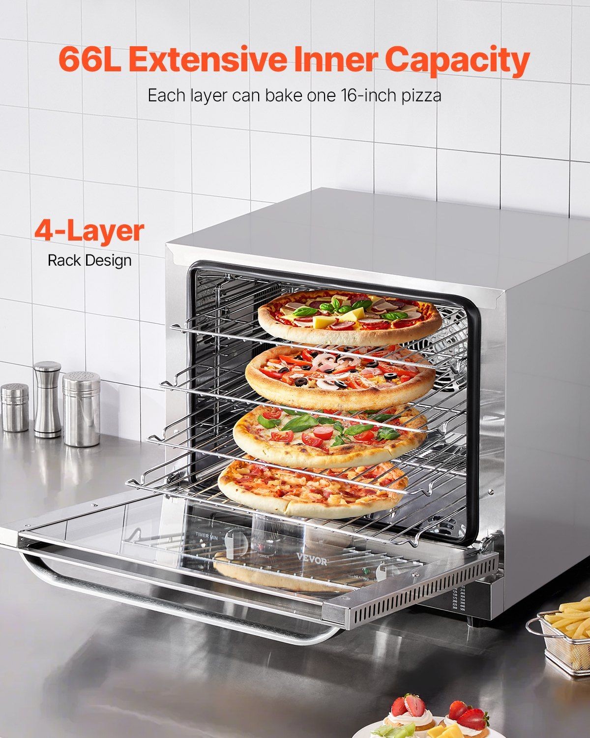 Stainless Steel 66L 4-Rack Toaster Oven, 2800W, Temp to 260°C & 120-Min Timer gallery