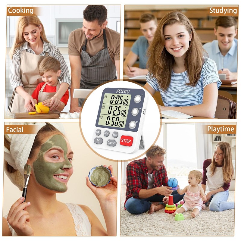 FCXJTU Digital Dual Kitchen Timer, 3-Channel Magnetic Countdown Stopwatch Tim... gallery