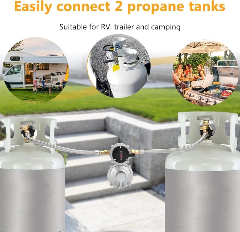 2 Stage Changeover Propane Regulator with Two 18" RV Pigtail Propane Hoses gallery