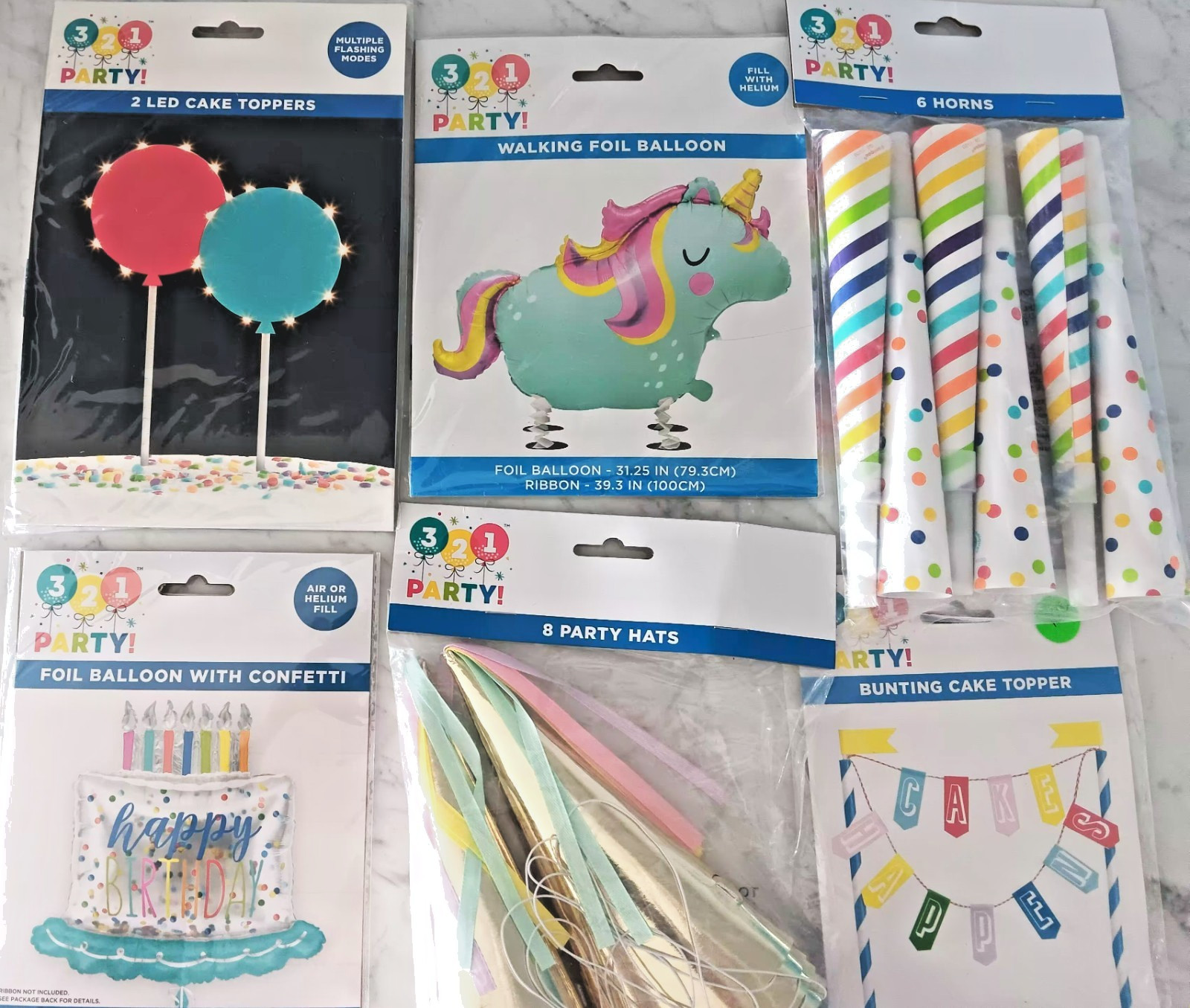 NEW 321 Party! Birthday Balloons LED CAKE TOPPER, HATS, CAKE BANNER, HORNS gallery