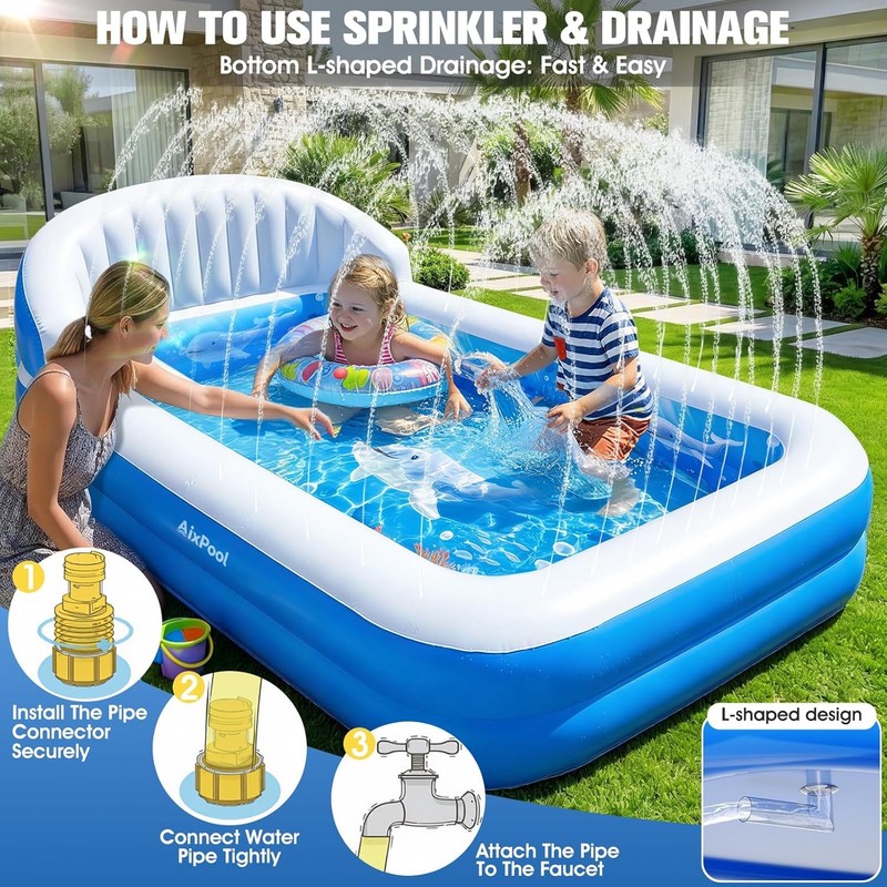 AixPool 2026 Inflatable Pool with Sprinkler Durable Blow up Pool with Big gallery