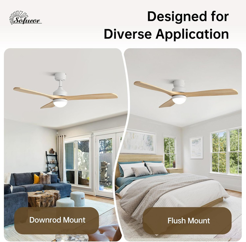 Sofucor 52" Solid Wood Ceiling Fan Lights, Flush Mount & Downrod Mount Ceiling F gallery
