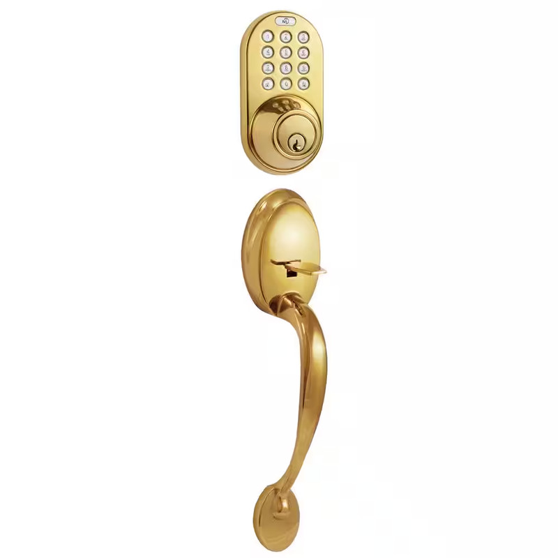Polished Brass Keyless Entry Deadbolt and Door Handleset Lock with RF Remote Con gallery