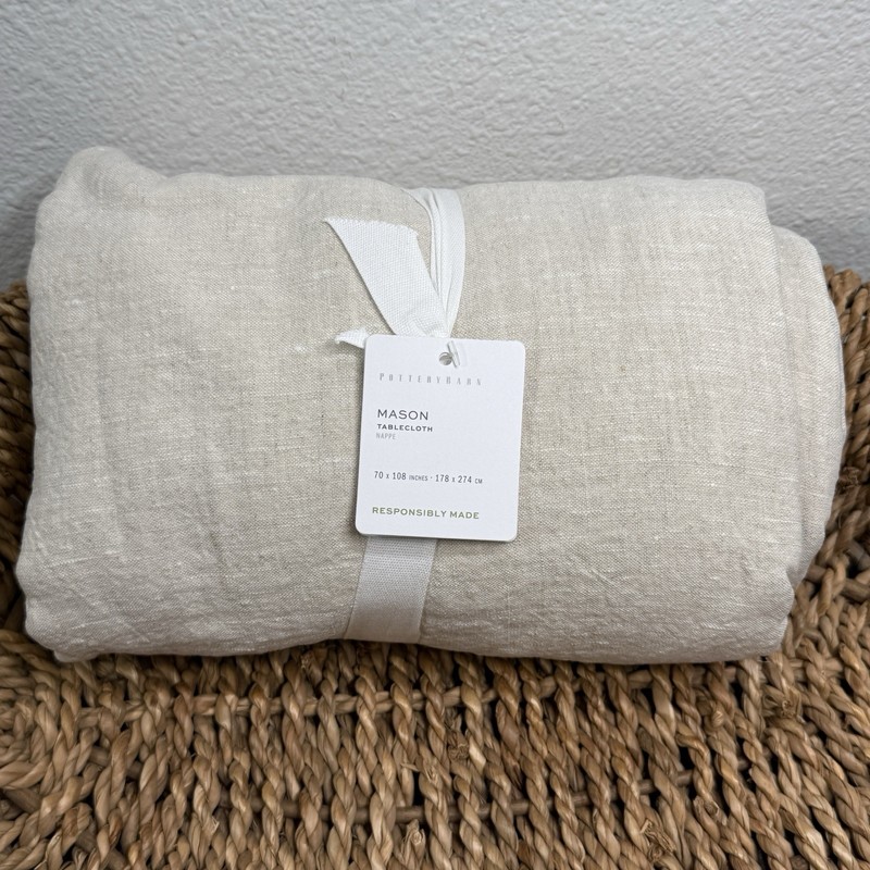 POTTERY BARN MASON OVERSIZED LINEN TABLECLOTH 70X108 FLAX BEIGE FARMHOUSE gallery