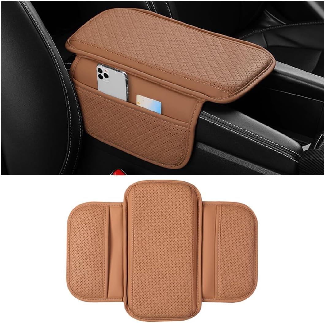 Center Console Cover, Leather Vehicle Armrest Cushion with 2 Stor Color: Brown gallery