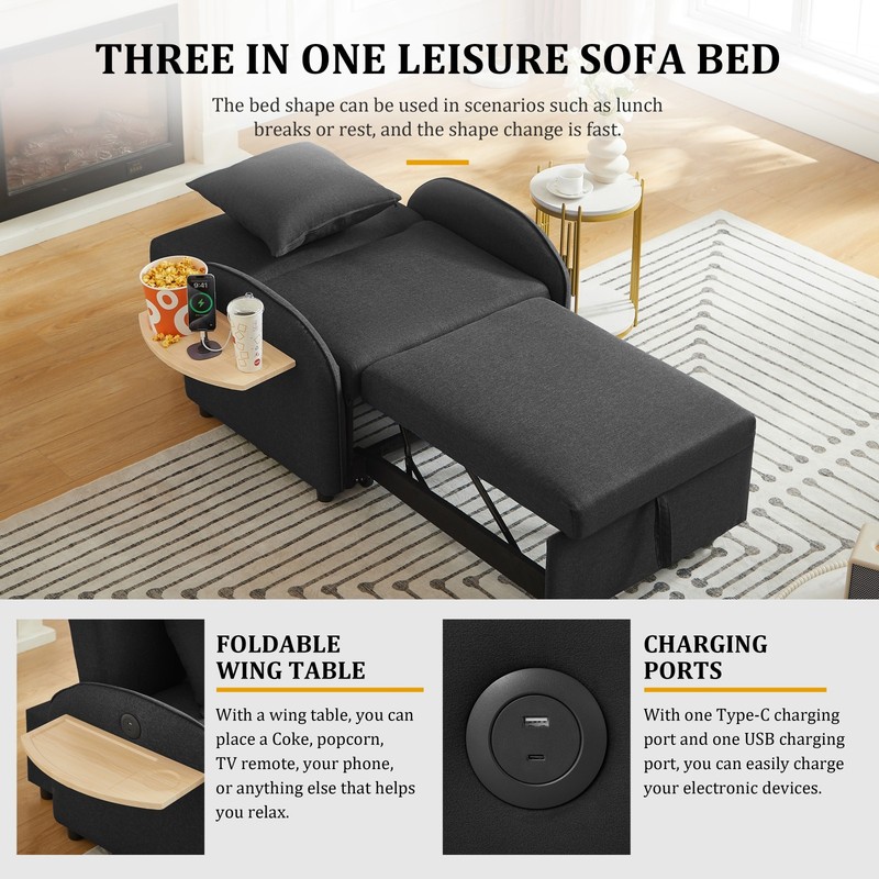 Convertible Sleeper Chair Pull Out Bed with USB Port & Foldable Side Table gallery