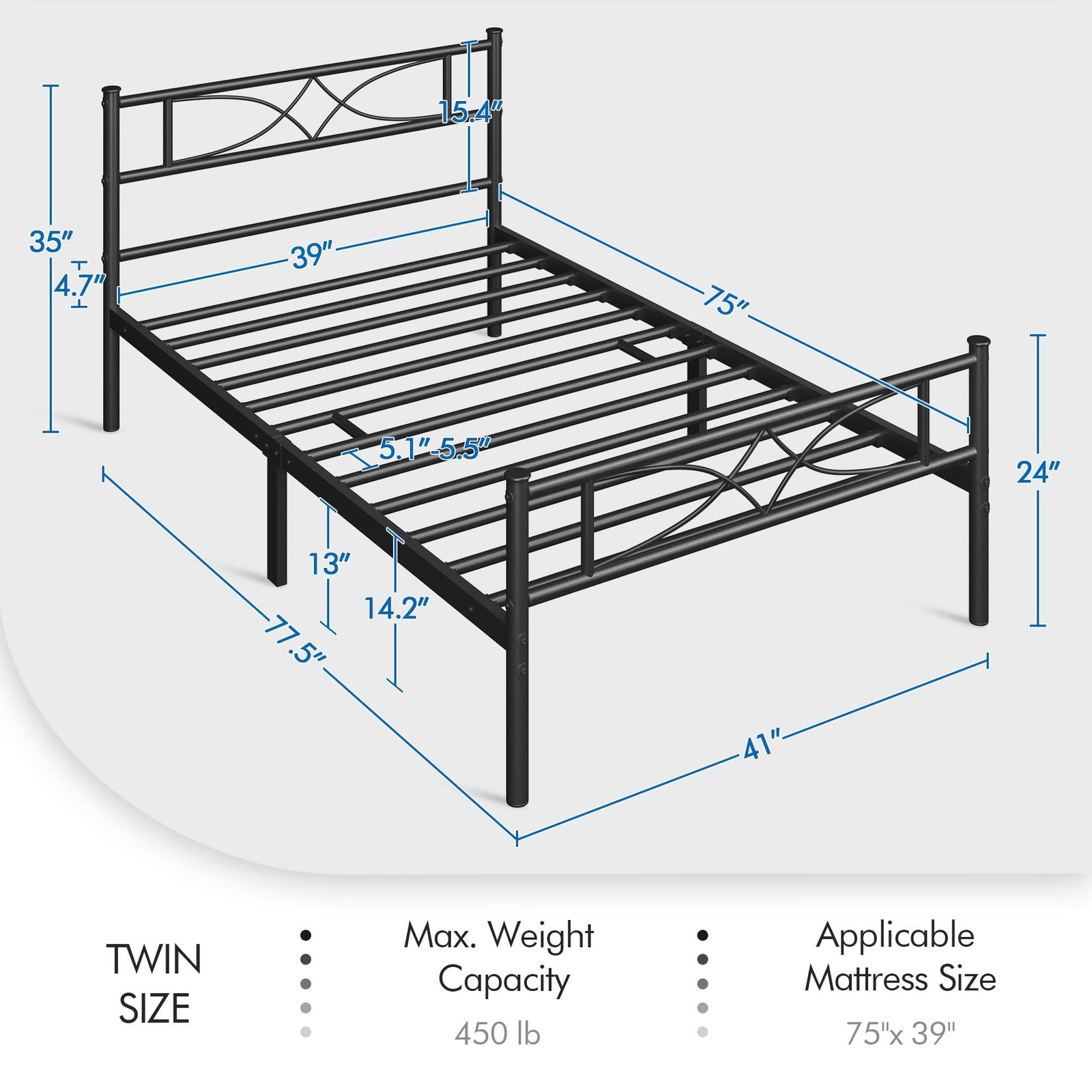 Metal Twin Size Bed Frame with Curved Design Headboard and Footboard, Black gallery