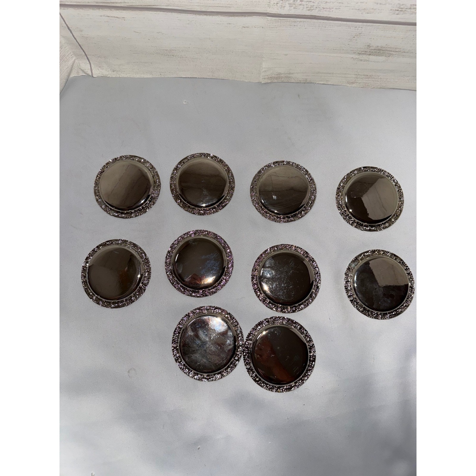Vintage Silver Tone Metal Coasters Set of 10 Etched Floral Embossed Rim 3.25" gallery