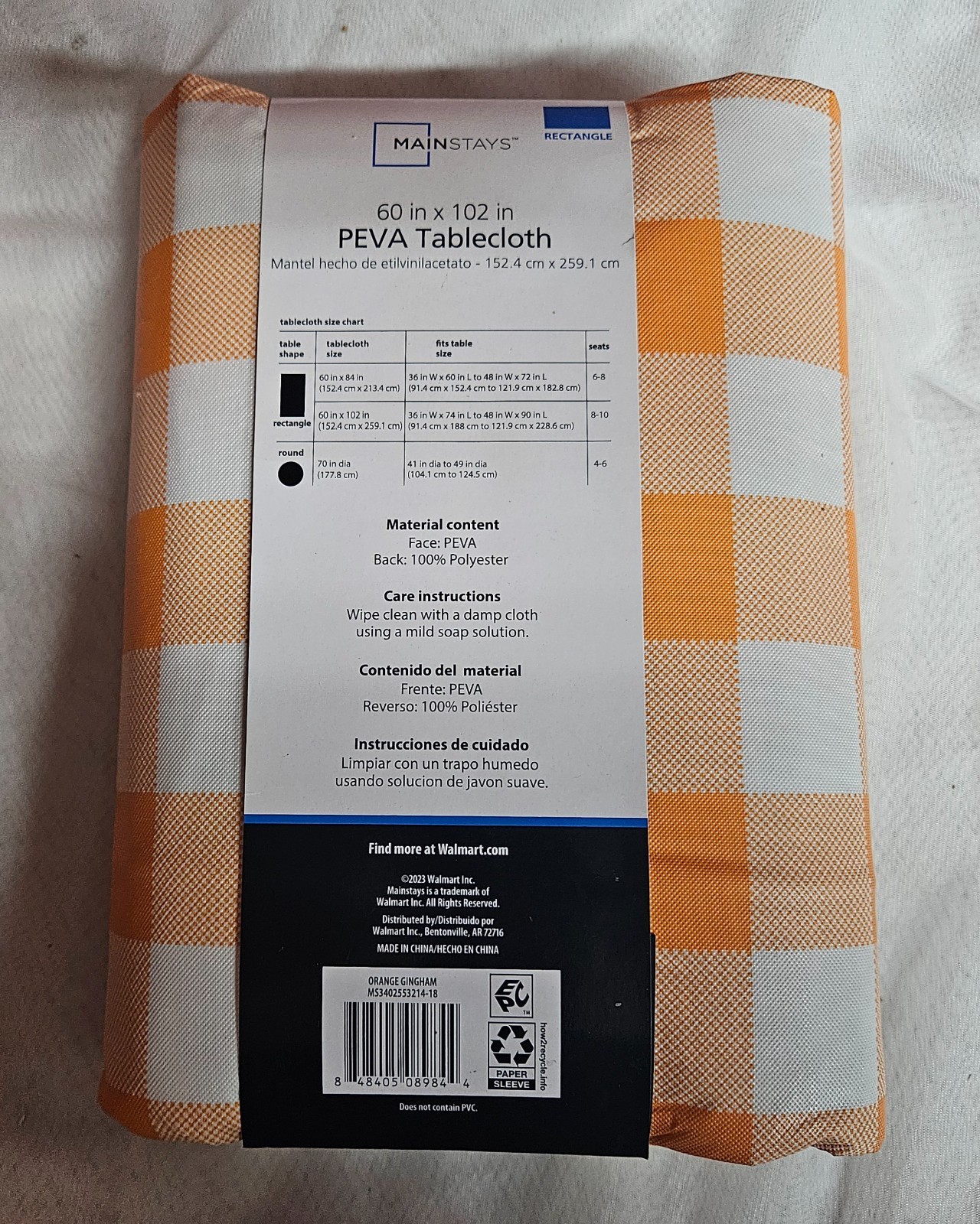 NIP Mainstays 60" x 84" PEVA Rectangular Tablecloth in Orange Gingham NEW gallery