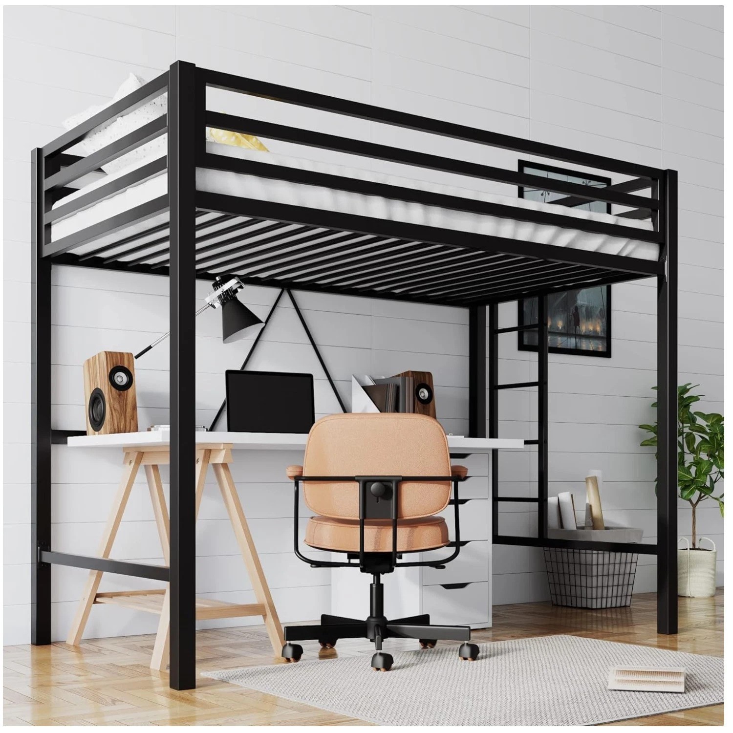 Twin Size Loft Bed with Guardrail, Square Tube Frame$ gallery