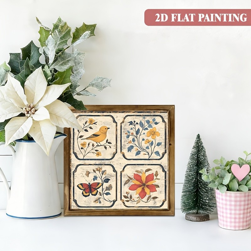 Simple Quad Grid Floral Bird Whitewashed Wooden Plaque Modern Tabletop Gift gallery