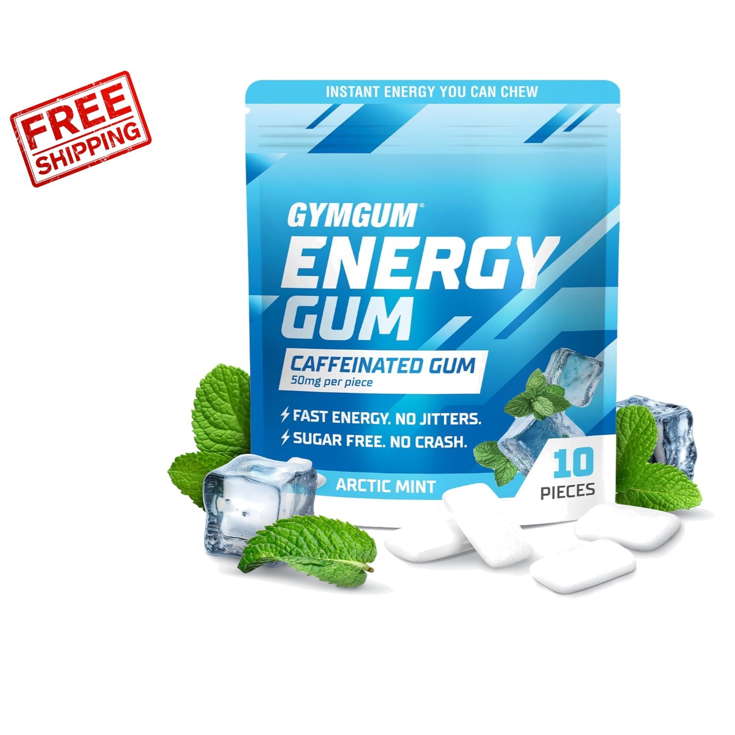 Fast-Acting Energy & Focus Gum - 50mg Caffeine, , Arctic Mint | 10 Count gallery