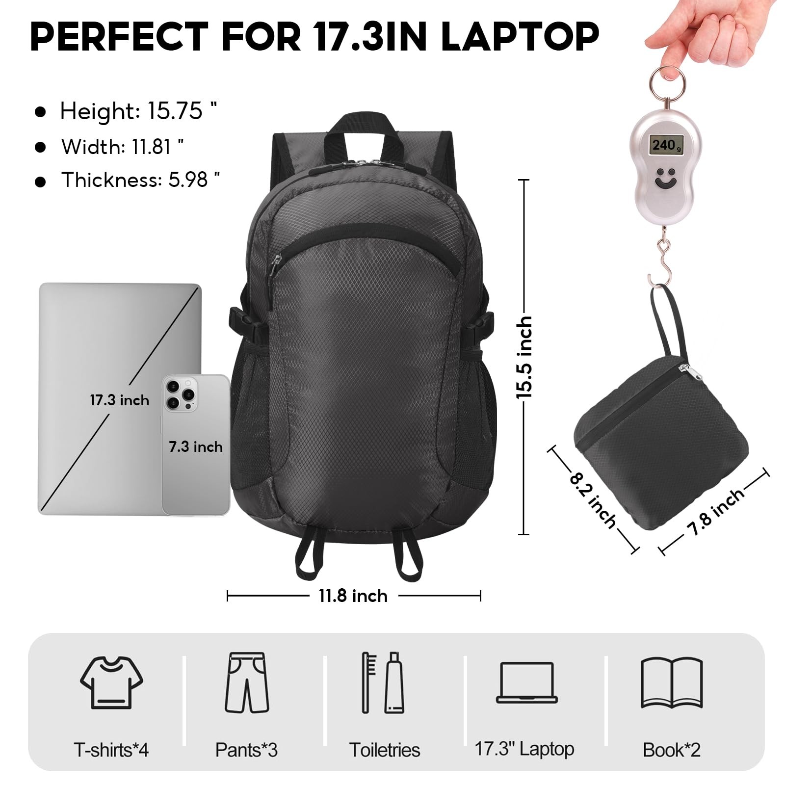 Small Hiking Backpack 15L Lightweight Packable Daypack Foldable Travel Black 3